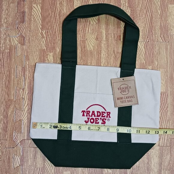 Trader Joe's Mini Canvas Tote Bag Cream Green Straps Red Embroidery - Picture 2 of 4